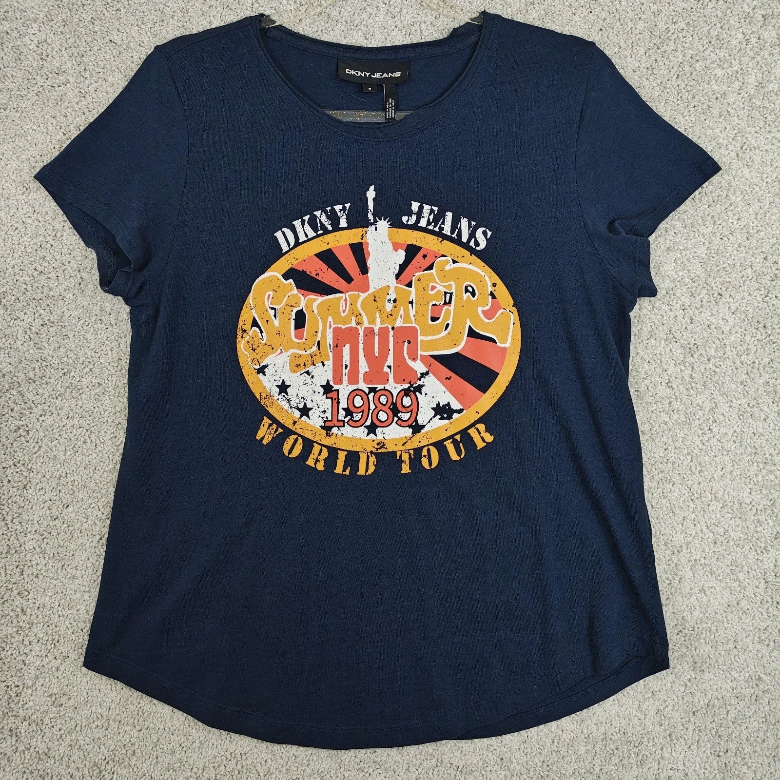 DKNY JEANS 1989 NYC World Tour T-Shirt SOHO TRIBECA pop art GRAPHICS Navy Blue