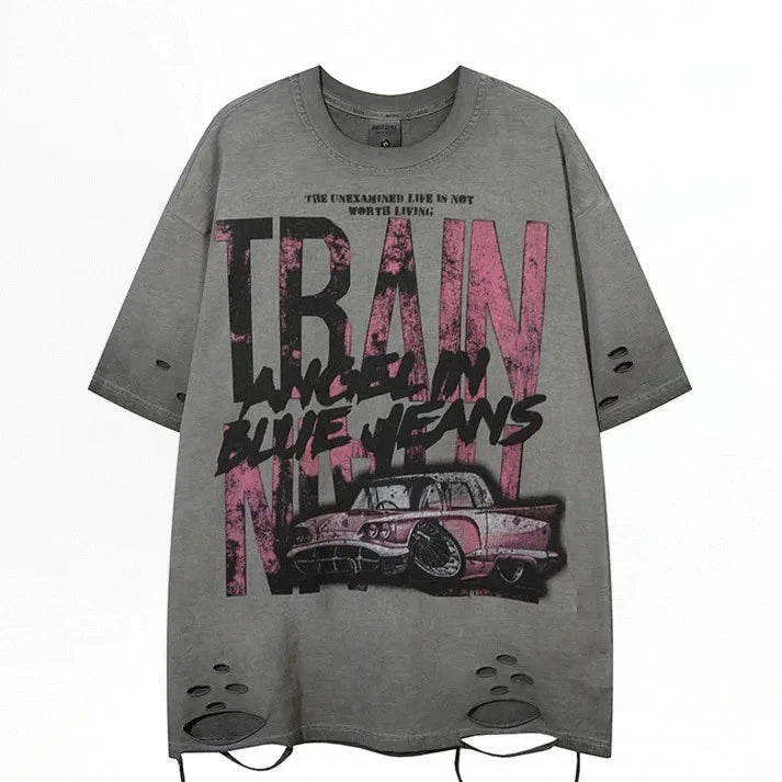 Urban Streetwear Graphic T Shirt Train Live News Car Print