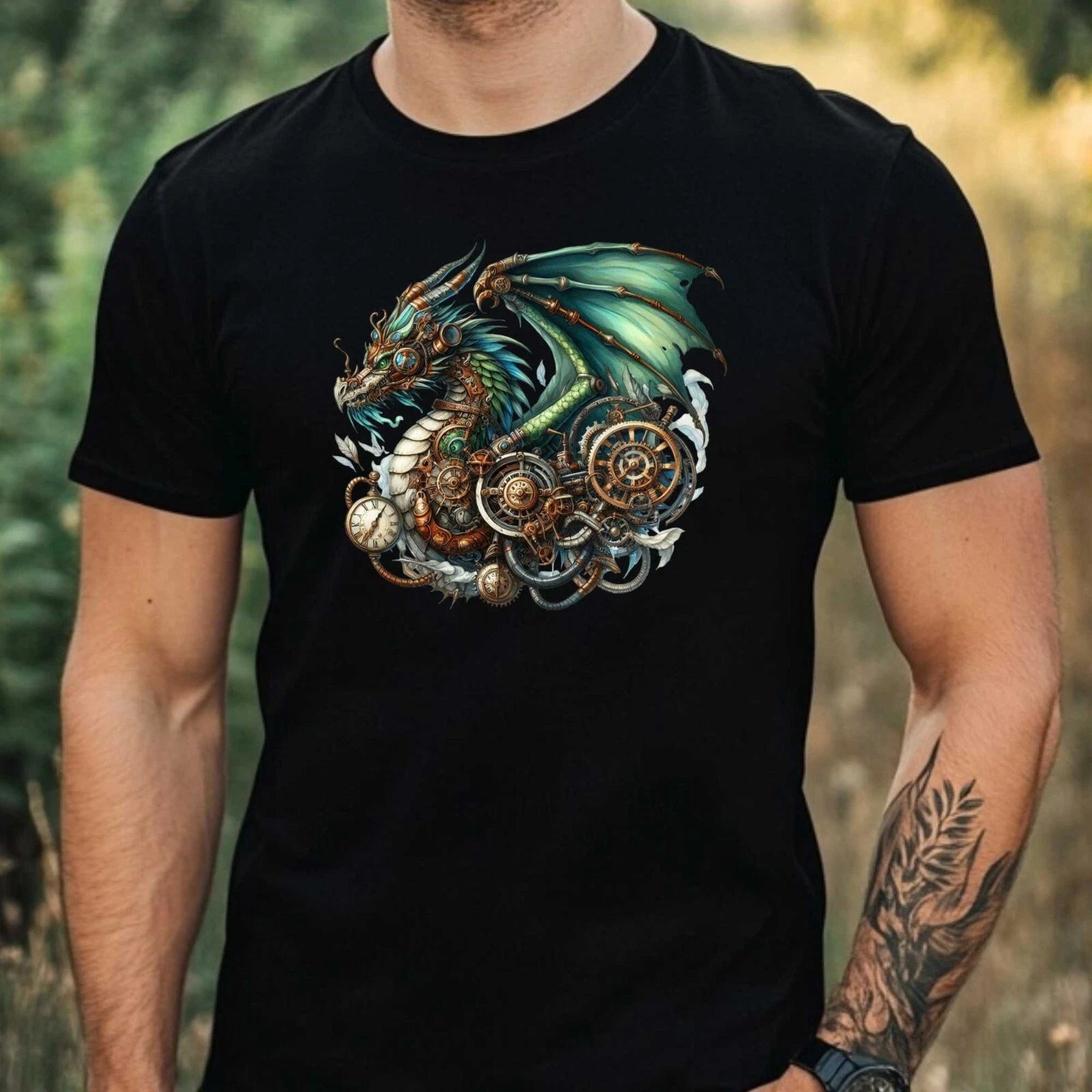 Mens Steampunk Dragon Motif Cotton T-Shirt Size XS to 5XL