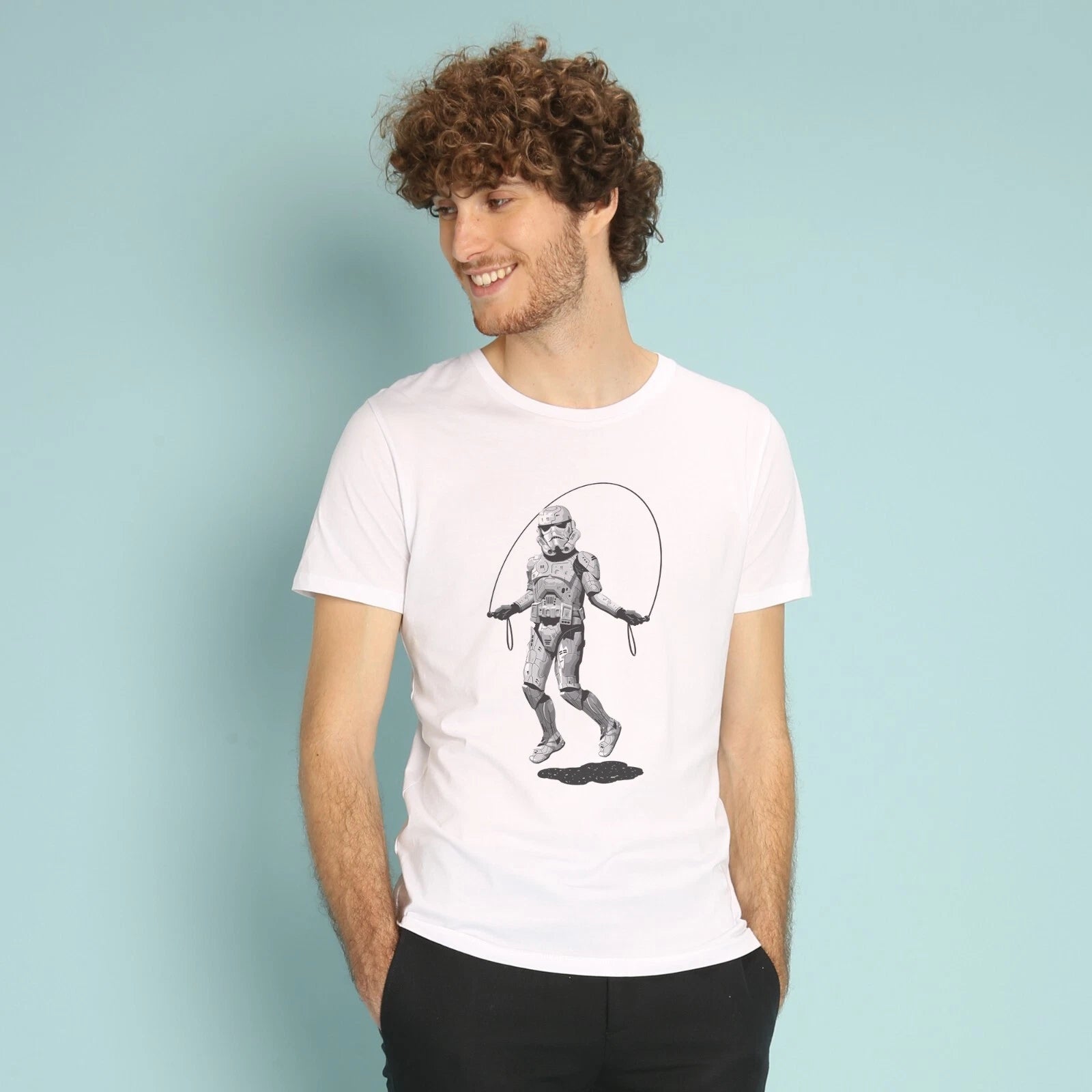 Men's T-Shirt Short Sleeve White STORMTROOPER SKIPPING Cotton Graphic Print