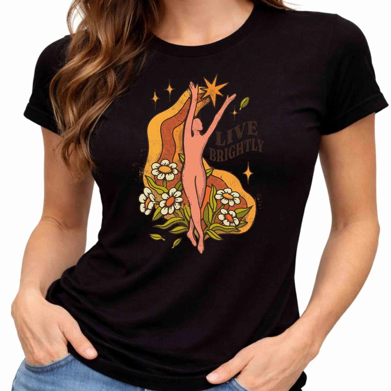 Live Brightly Retro Boho Celestial Floral Daisy Star Aesthetic Graphic T-Shirt.