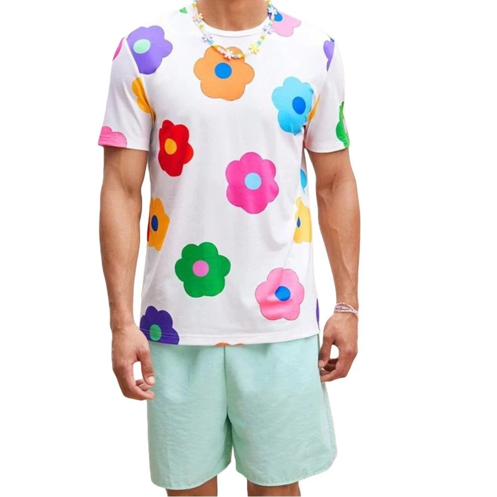Mens Polyester Casual Short Sleeve T Shirt with Colorful Flower Design