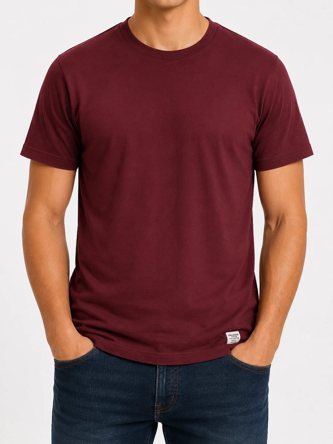 Pull&Bear Men's Burgundy T-Shirt Size L Regular Fit Crew Neck