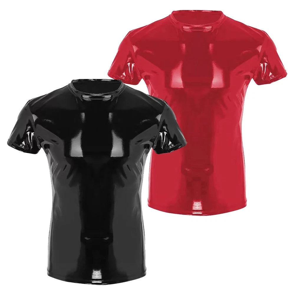 Stylish Men's Black Faux Leather PVC Clubwear T Shirt Top with Shiny Finish