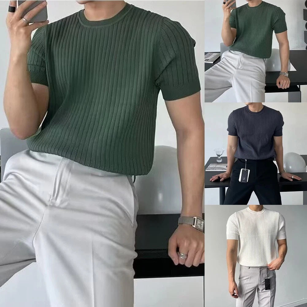 Stripe Design Men Slim T-shirt Slim Fit Knitted Polyester Regular Length