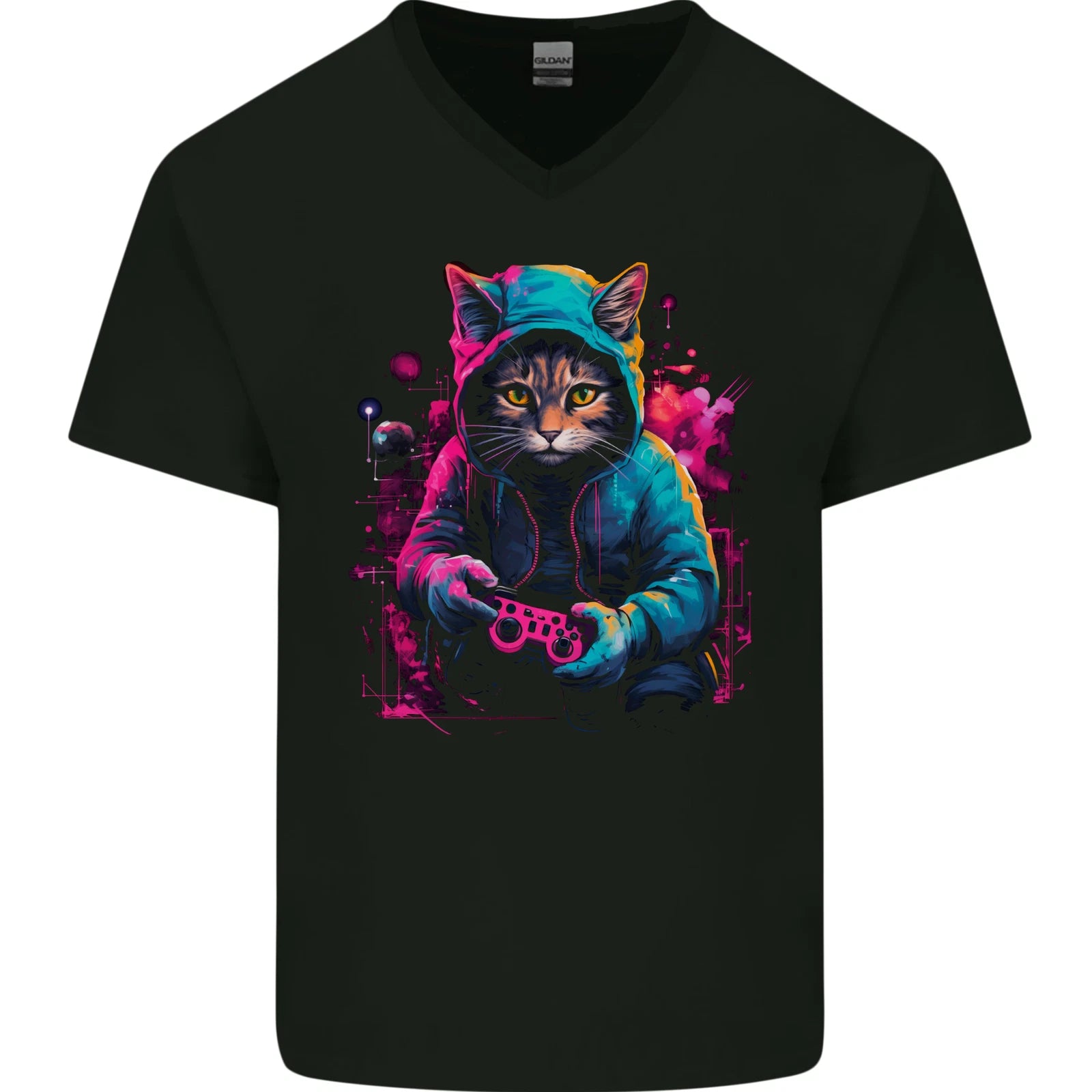 Gaming Cat Cool Gamer Video Games Mens V-Neck Cotton T-Shirt