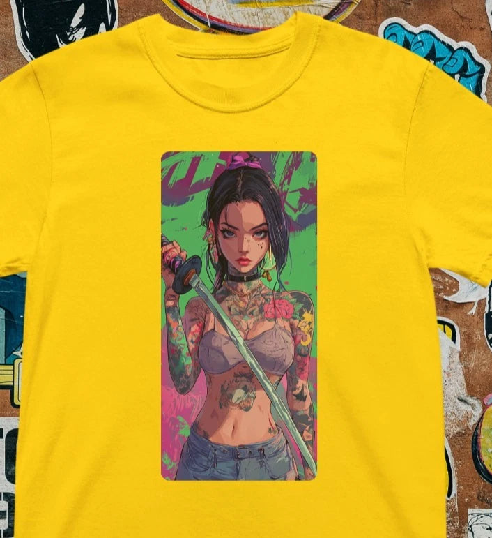 Cyberpunk Tattoo Girl T-Shirt - Anime Streetwear Graphic Tee Vaporwave