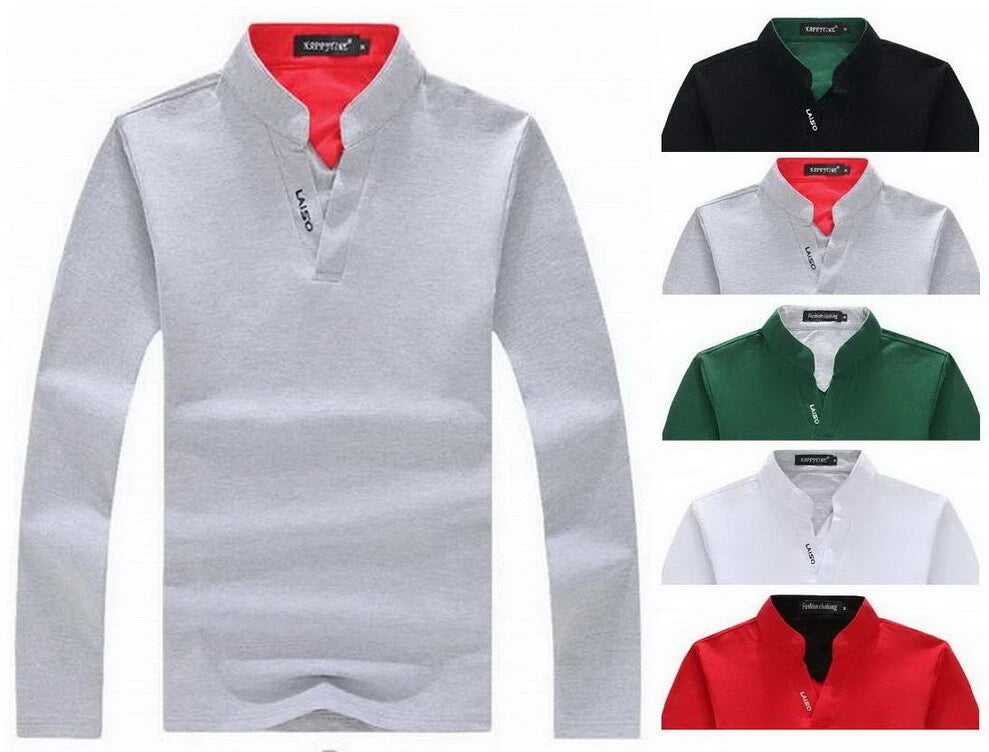 2020 New Mens Casual Solid Color Stand Collar Long Sleeve T-shirt Cotton