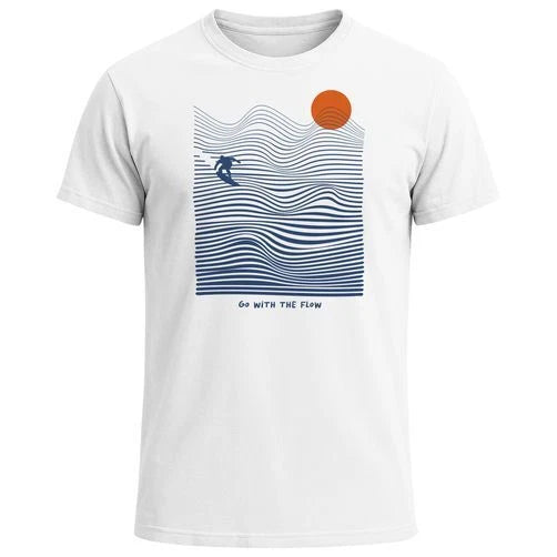 Mens T-Shirt Surf Shirt with Wavy Lines, Sun & Surfer Motif - Summer