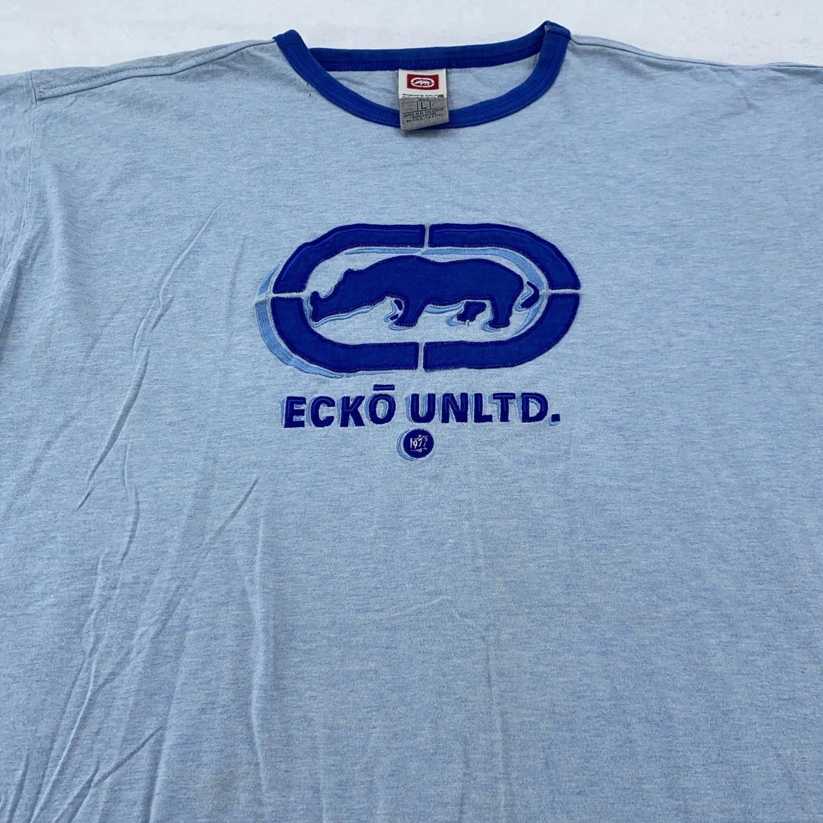 Ecko Unltd Shirt Mens Large Blue Rescue 72 Rhino Graphic Streetwear Tee Buckle