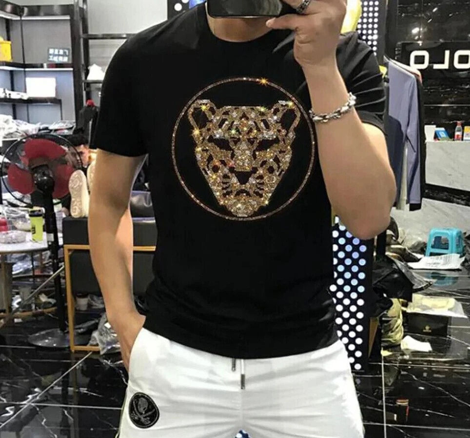 New Men Luxury Leopard Rhinestones Fashion Black White T-Shirt High Quality