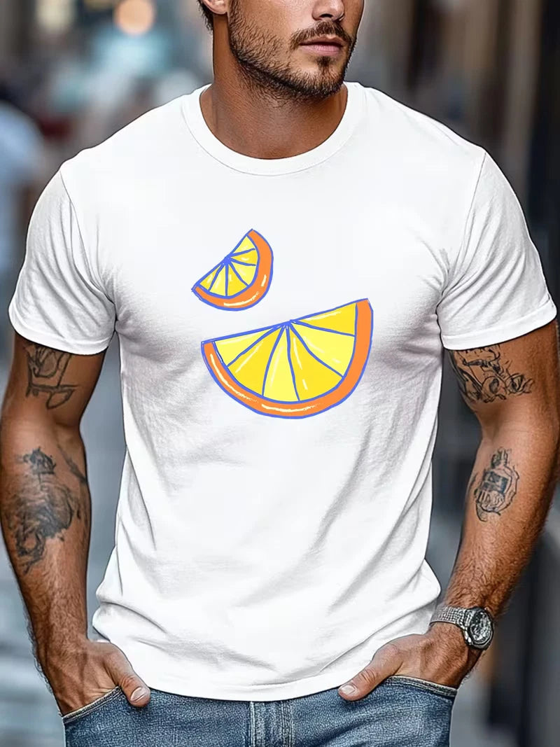 Mens Orange Graphic T Shirt Casual Crew Neck Short Sleeve Summer Relaxed Fit Tee