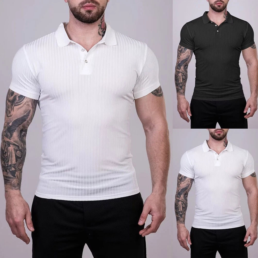 Men's Ribbed Slim Fit Short Sleeve Pullover T Shirt with Button Detail