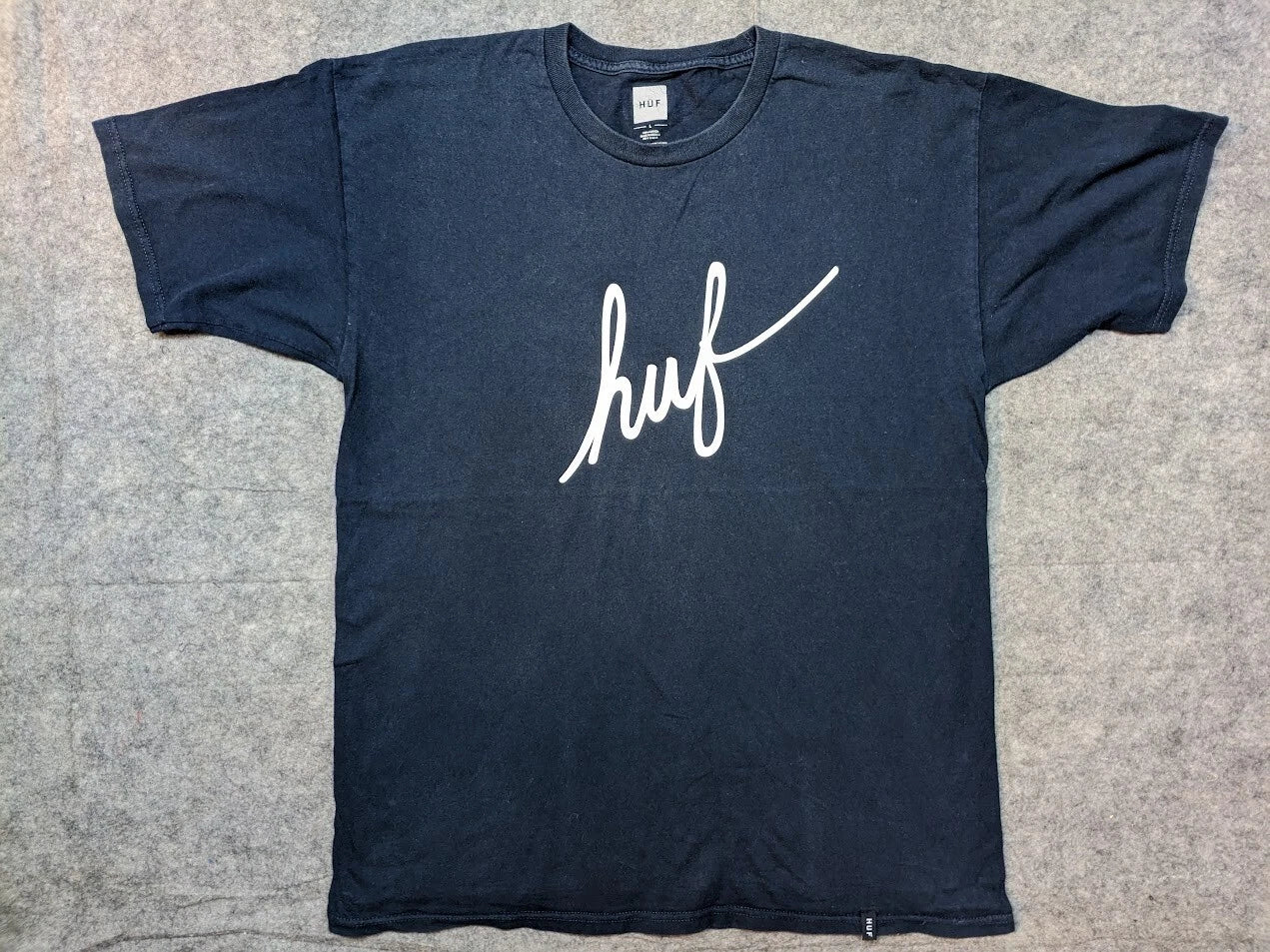 HUF Blue Spell Out Casual Crew Neck Cotton T Shirt Men's Large Slim Fit