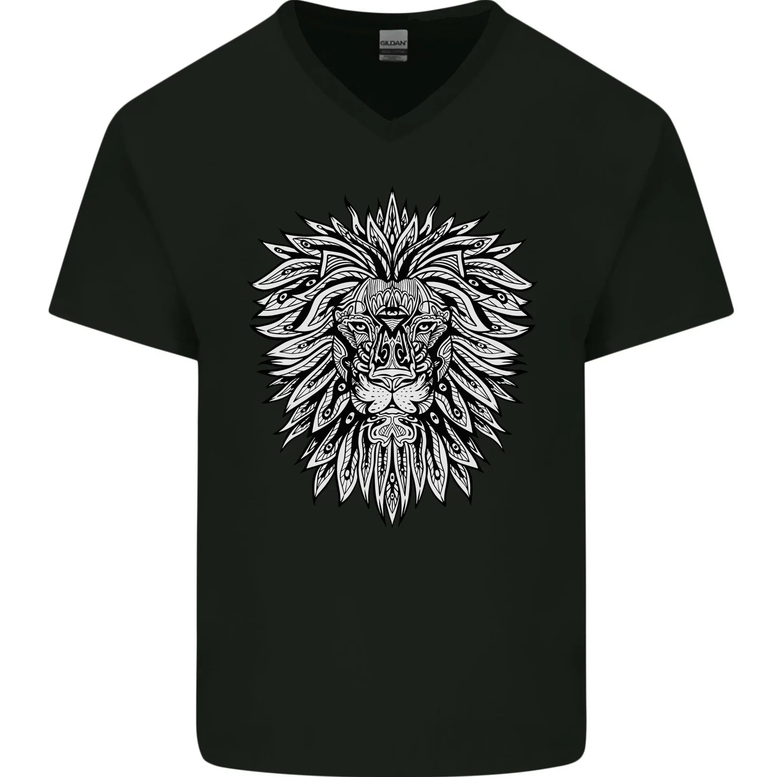 Lion Mandala Art Mens V-Neck Cotton T-Shirt