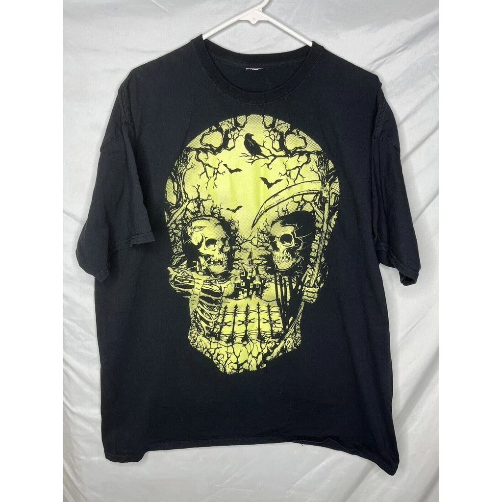 Goth Grunge Skulls Reaper Glow in the Dark Spooky Print T-shirt 2XL Vintage Y2K