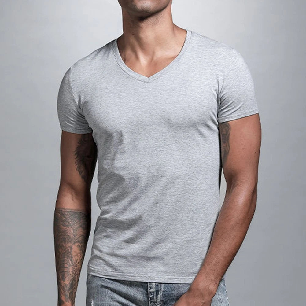 Coffee Color Man T Shirt with Letters O Low Cut V Neck Short Sleeve Pullover
