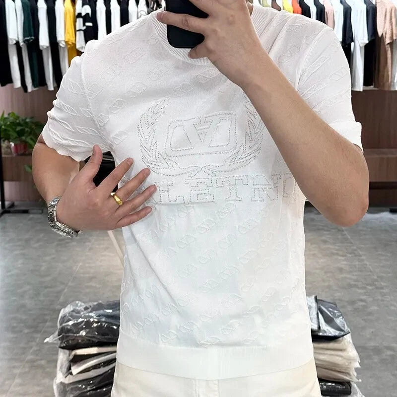New Men Luxury Diamond Rhinestones Fashion T-Shirt High Quality Black White