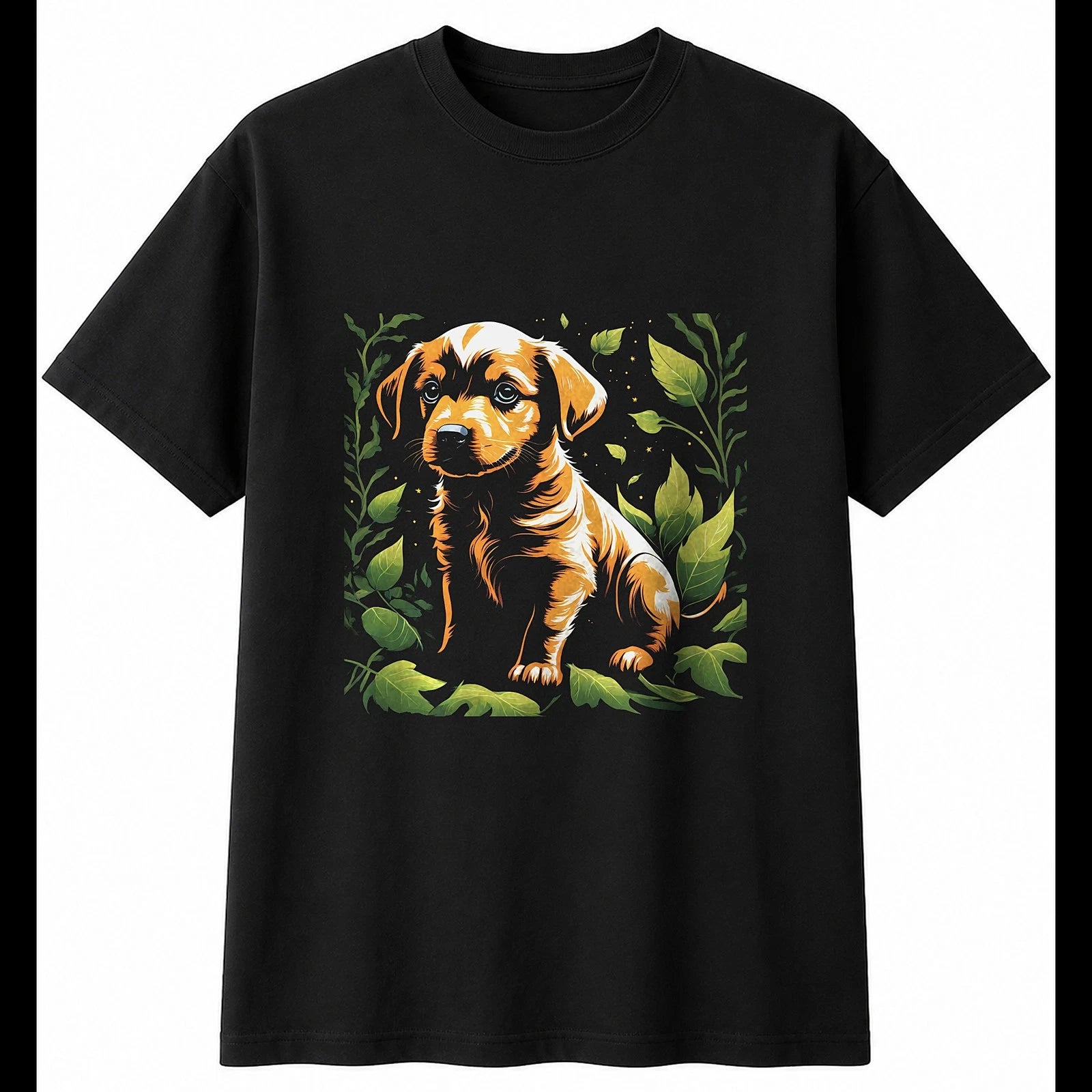 Puppy Botanical Dog Cute Mens T-Shirt Black 100% Cotton Adorable Tee Kawaii
