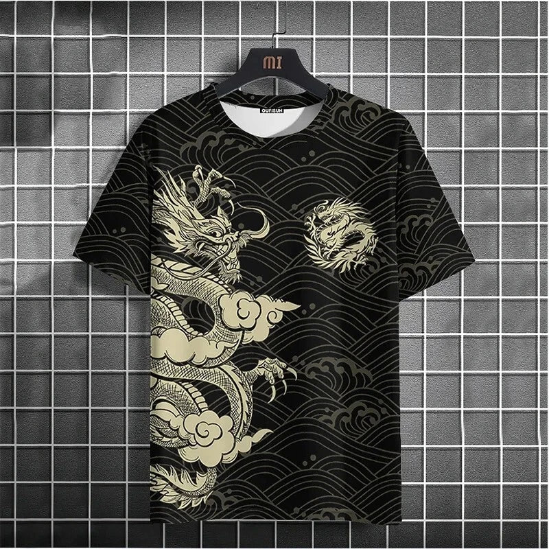 New Men Luxury Dragon Printed Fashion T-Shirt High Quality 3 Colors