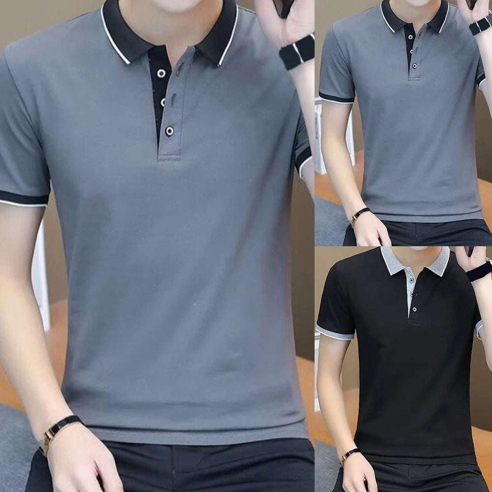 Men's Slim Fit Short Sleeve T-Shirt Casual Ribbed Turn Down Collar Pullover