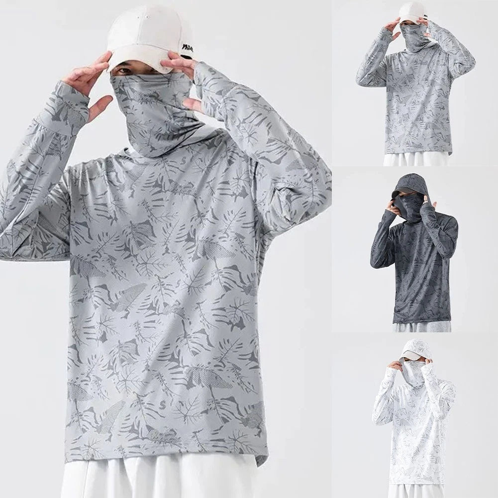 Fishing T-Shirt for Men UV Protective Hooded Top with High Neck Design