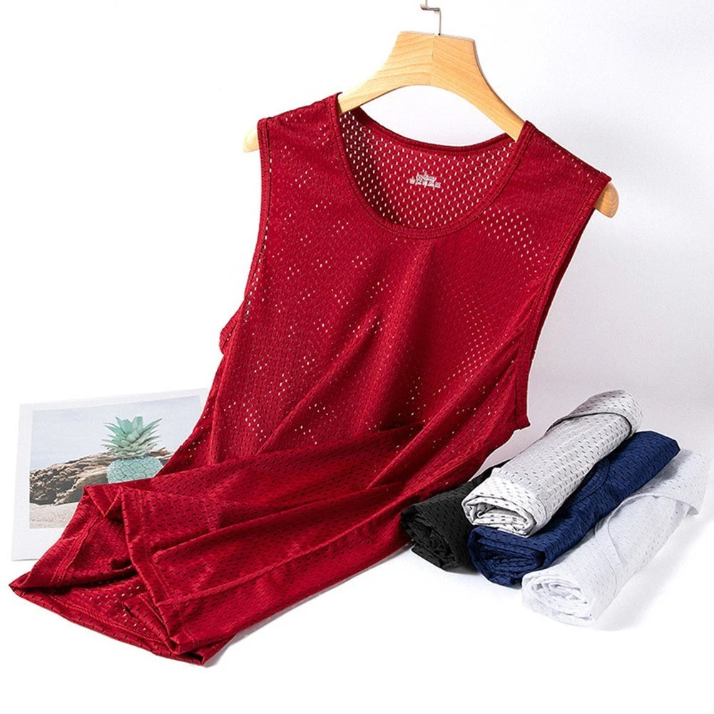 Stylish Ice Silk Mesh Shirt for Men Summer Thin Sleeveless TShirt White
