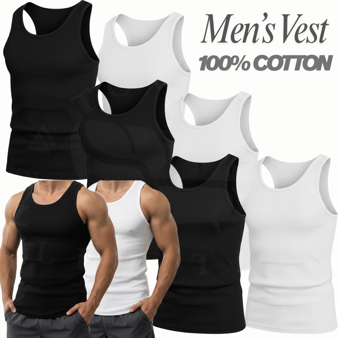Mens Vest Tops 100% Cotton Plain Classic Vests Summer Training Gym Tank Top Pack