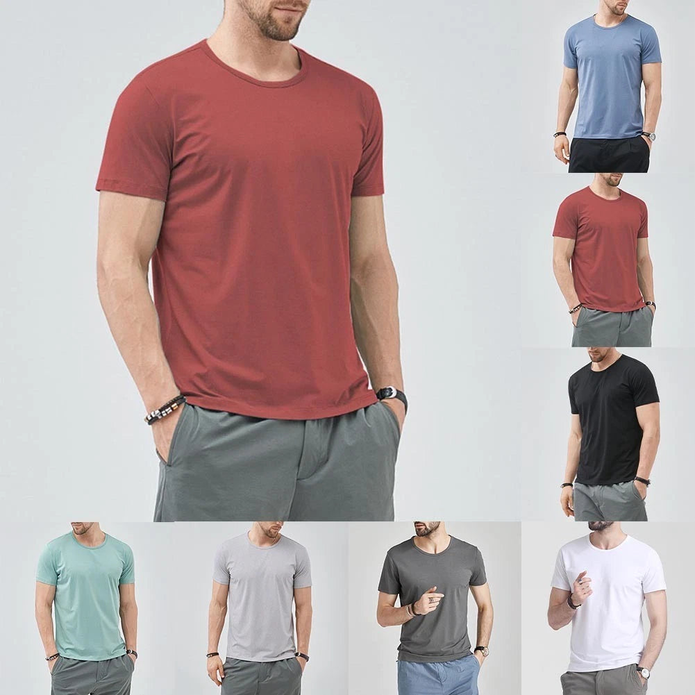 Simple Style Men Casual T-Shirt O-neck Top Simple Design O-neck Solid Color