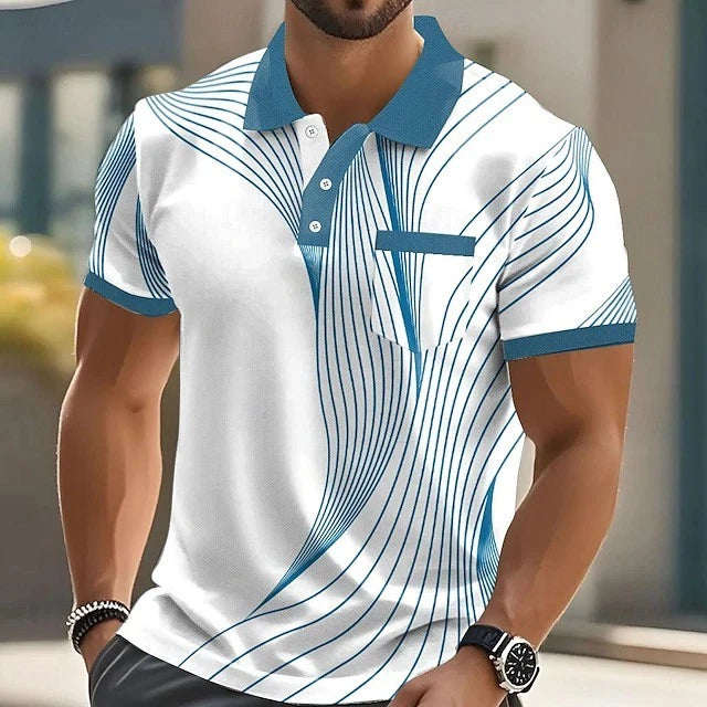 Men's 3D Stripe Print Polo Shirt Short Sleeve Casual Summer Lapel Golf T-Shirt T