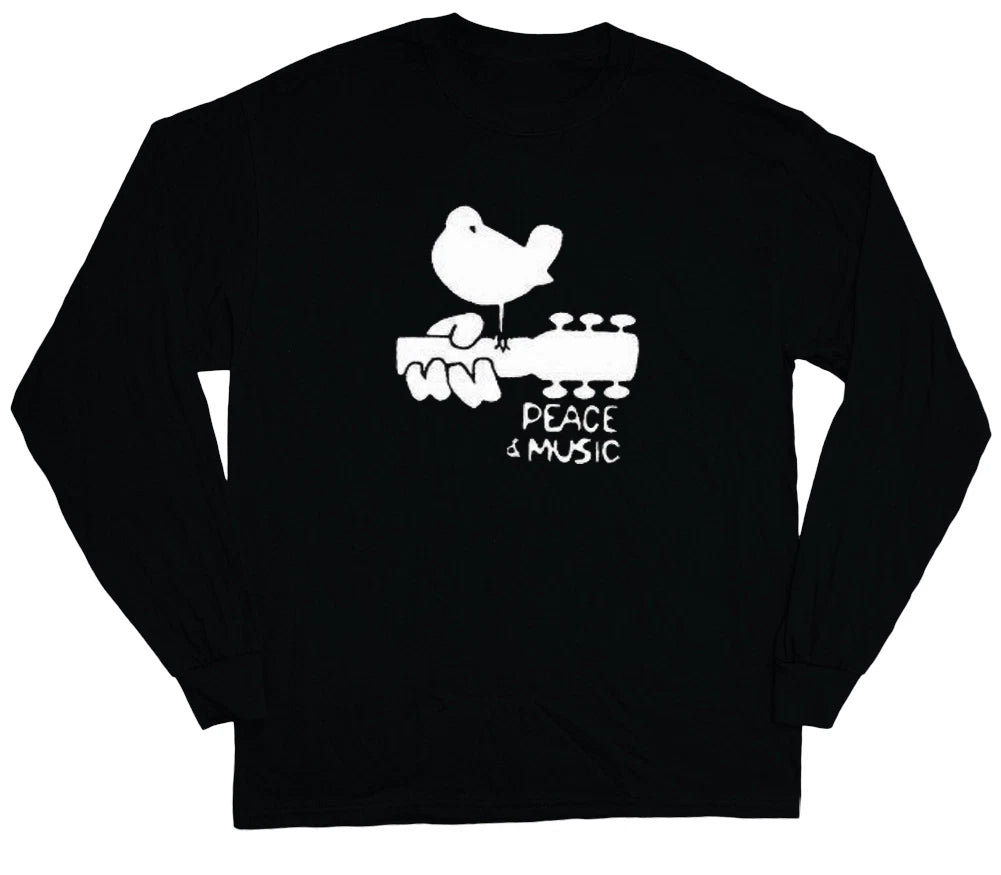long sleeve t-shirt for men Woodstock peace and music guitar tee shirt
