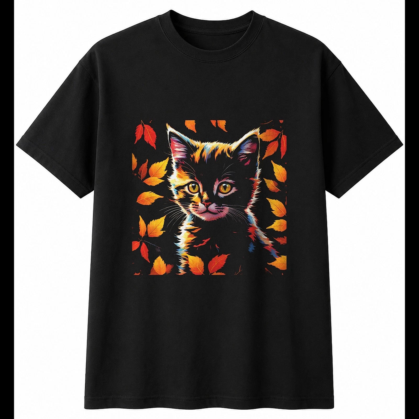 Kitten in Autumn Cat Mens T-Shirt Black 100% Cotton Kawaii Graphic Tee