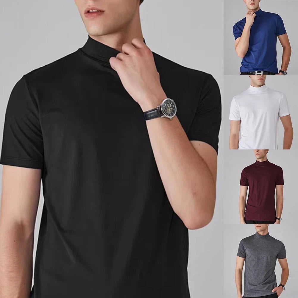 Men For Slim Fit Half High Collar Short Sleeve T Shirt Solid Casual Tee