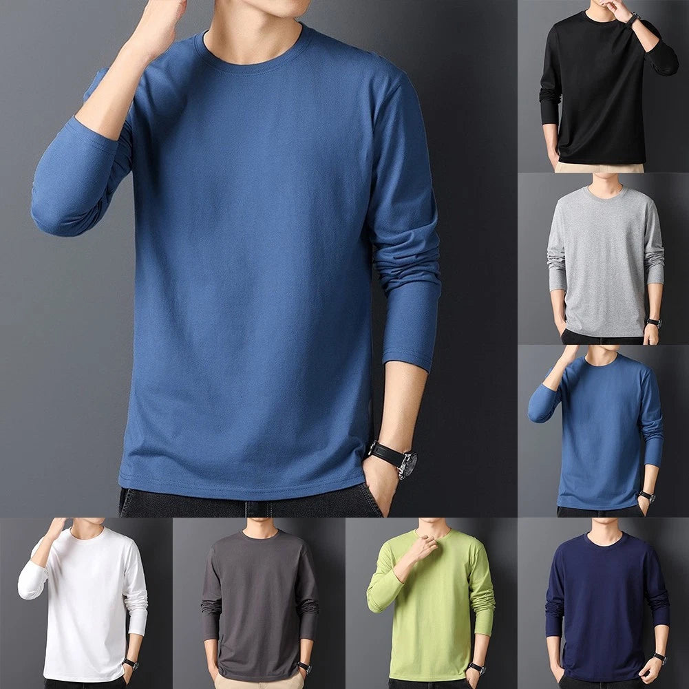 Loose Fit Men's Long Sleeve Tee Shirt Solid Color Round Neck Casual Top