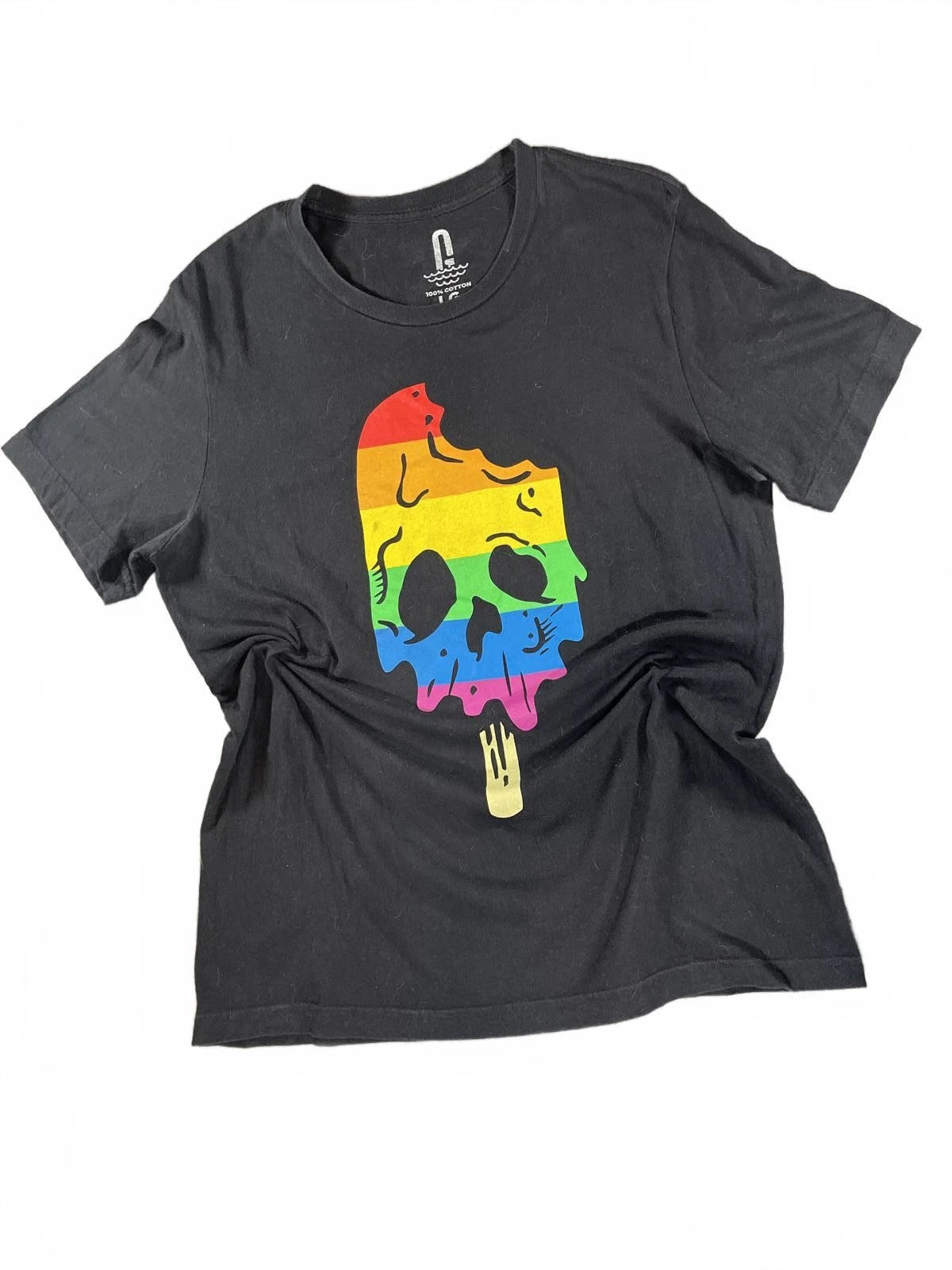 Rainbow Skull Popsicle Graphic Black Men's T-Shirt Size Large - Streetwear