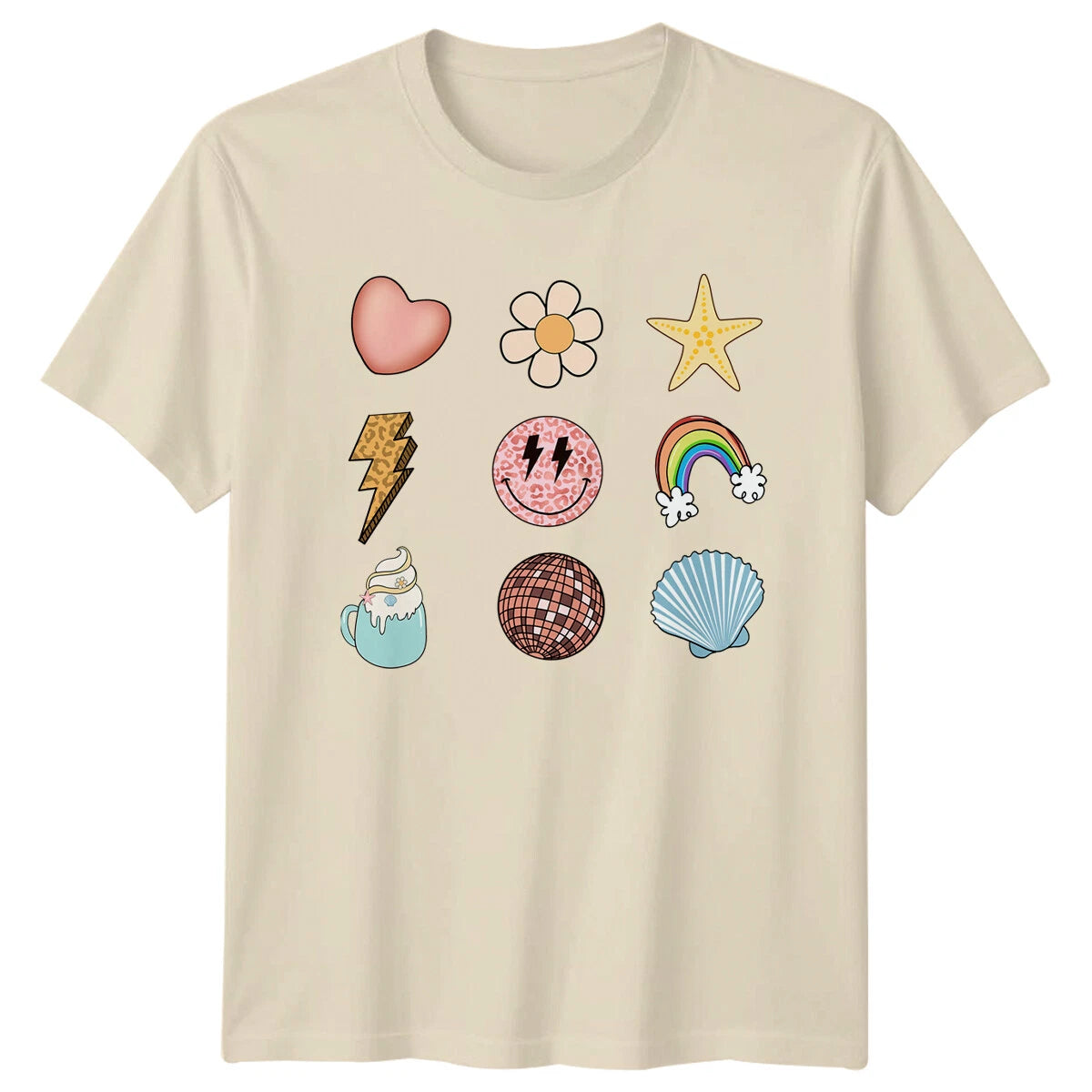 Trendy Summer Icons Graphic T-Shirt, Y2K Girly Beach Vibes Tee
