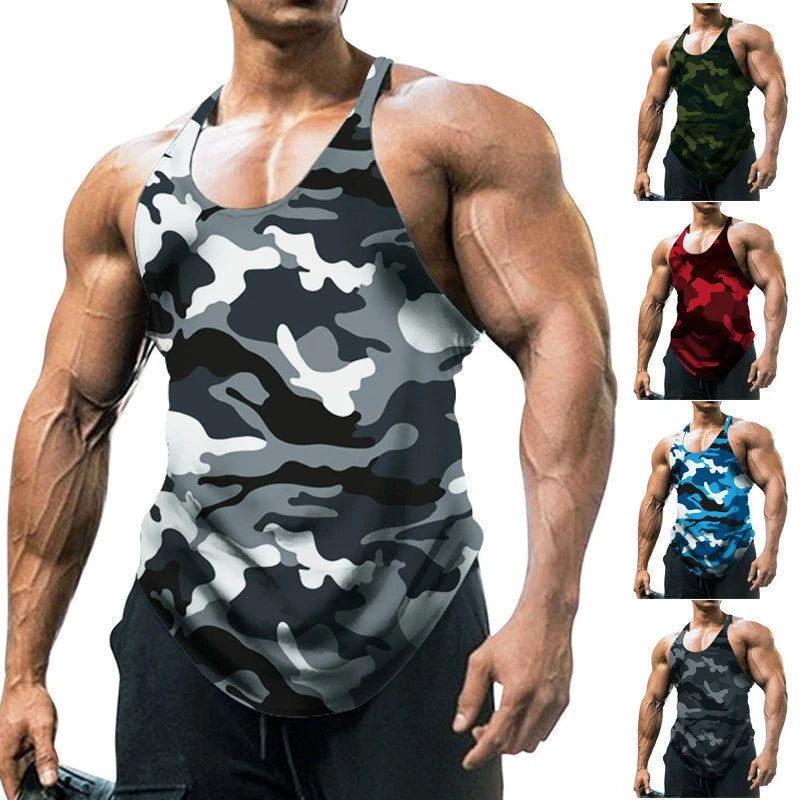 Men's U-neck Sleeveless Vests Camo Printed 3D T-Shirts Sports Fitness Sweatshirt