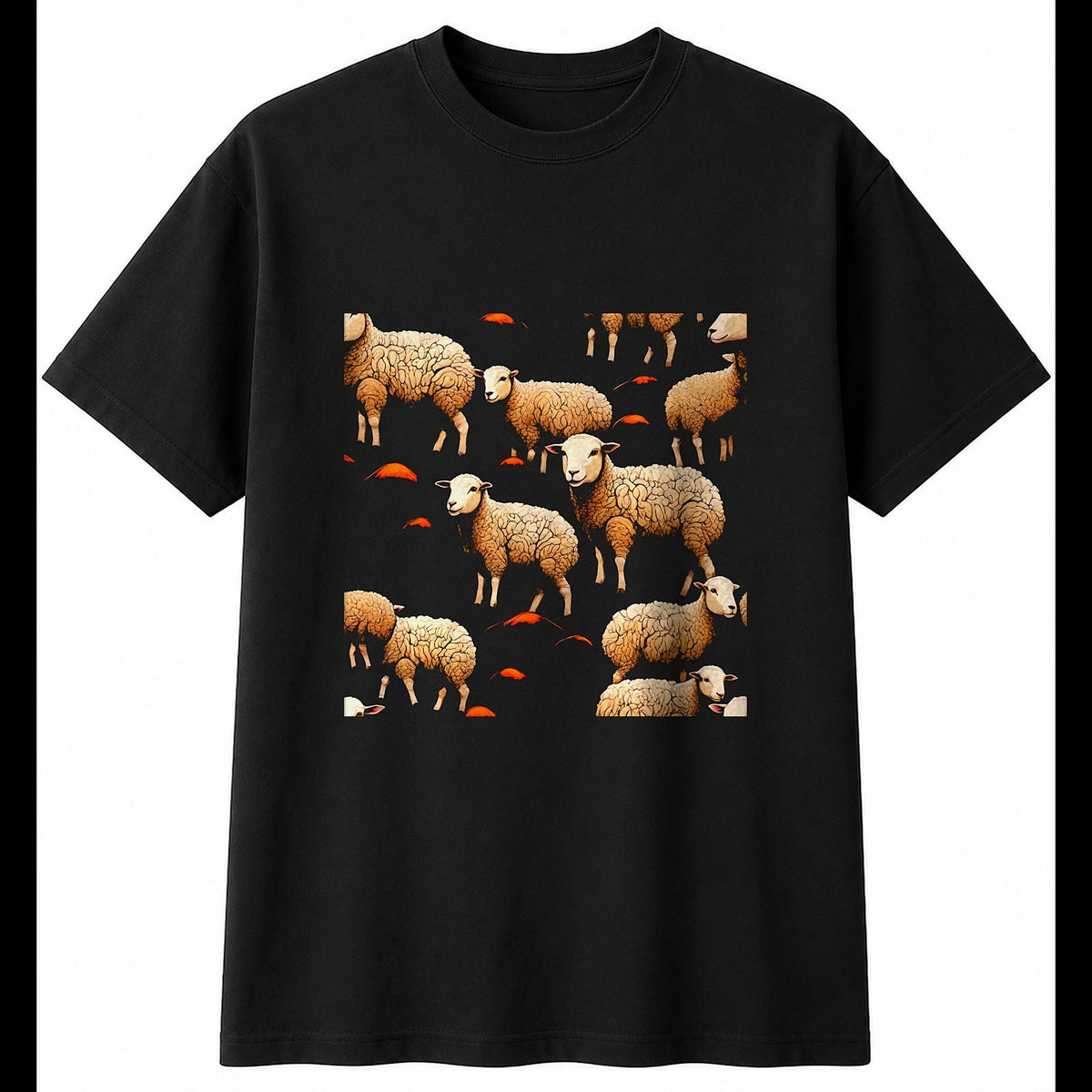 Lamb with Mushrooms Sheep Cute Mens T-Shirt Black 100% Cotton Graphic Tee