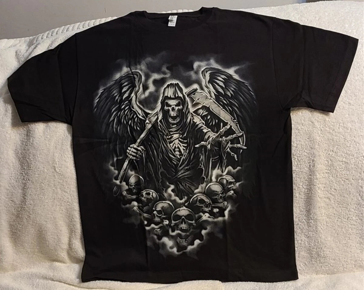 GRIM REAPER SKULL SKULLS SCYTHE SKELETON ANGEL OF DEATH HORROR T-SHIRT SHIRT
