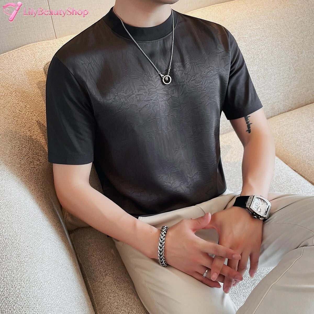 Thin Men Short-sleeved T-shirt High-end Fashion Trendy Slim Handsome Casual Tops