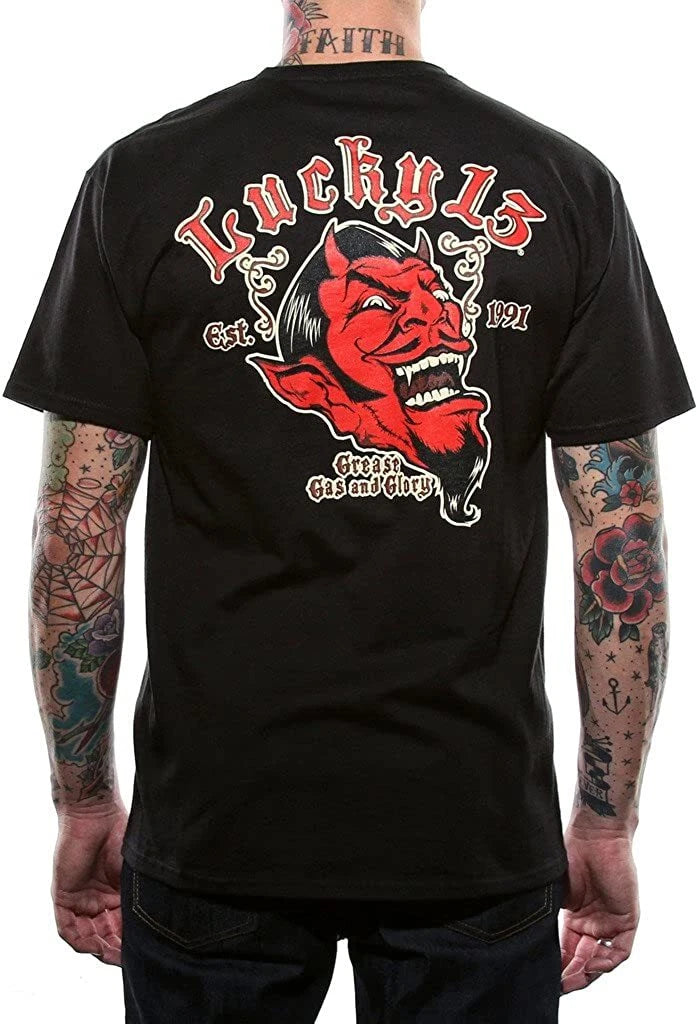Authentic LUCKY 13 Devil Grease Gas And Glory Rockabilly T-Shirt S-4XL NEW