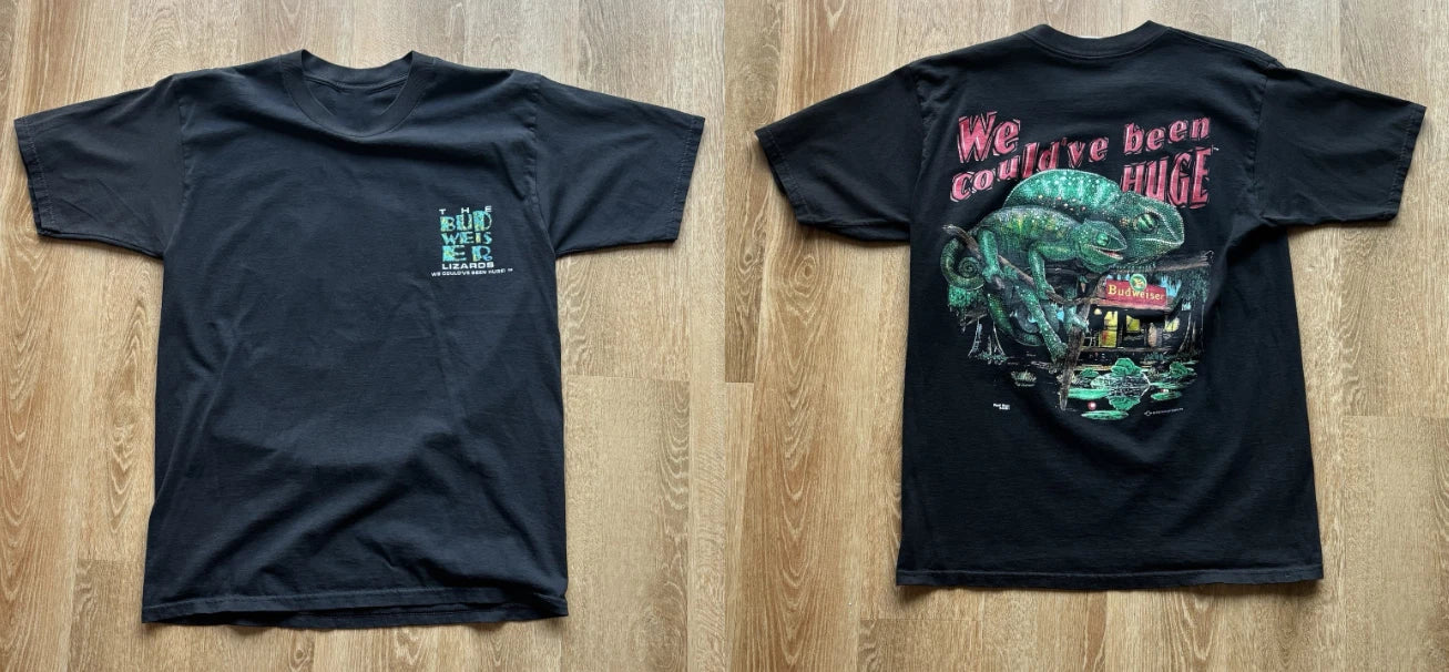 VTG SS Budweiser Lizards We Could’ve Been Huge T Shirt Beer Promo 1997 USA