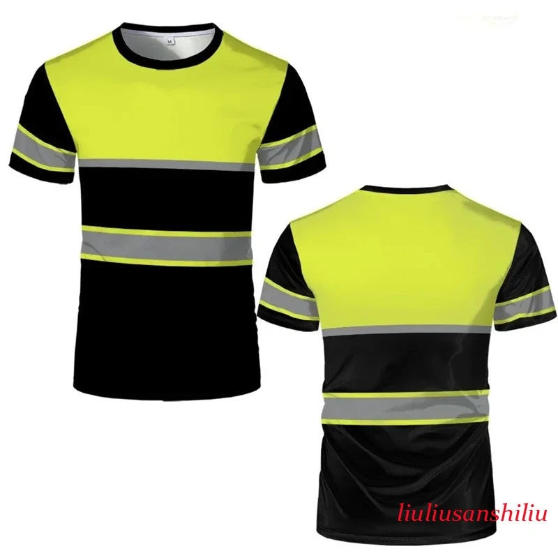 Simple Striped Safety Work T-shirt Summer Casual Short Sleeved 3D Printed Round