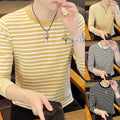 Men Slim Fit Korean Striped Round Neck Long Sleeve Base T-Shirt Polyester Top