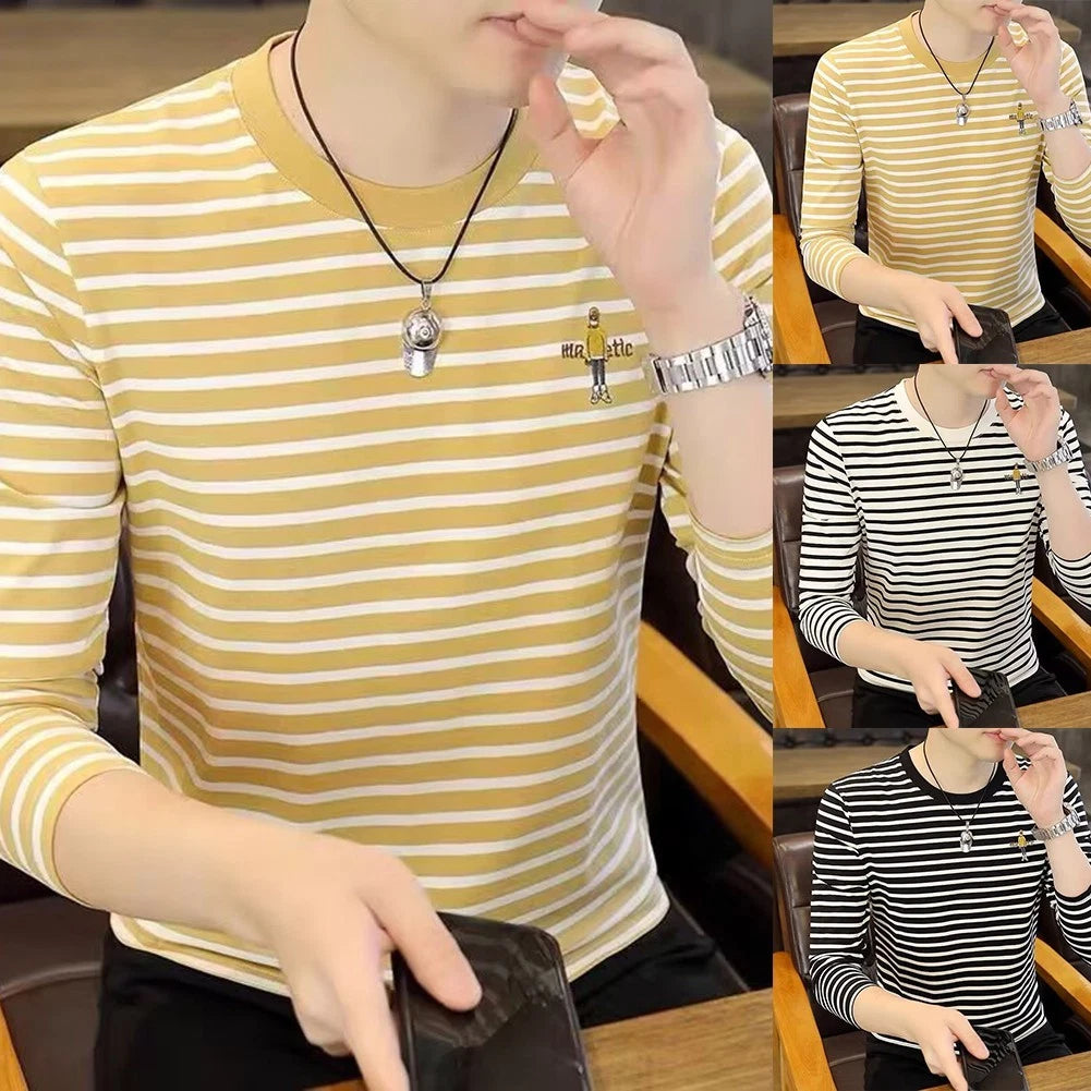 Men Slim Fit Korean Striped Round Neck Long Sleeve Base T-Shirt Polyester Top