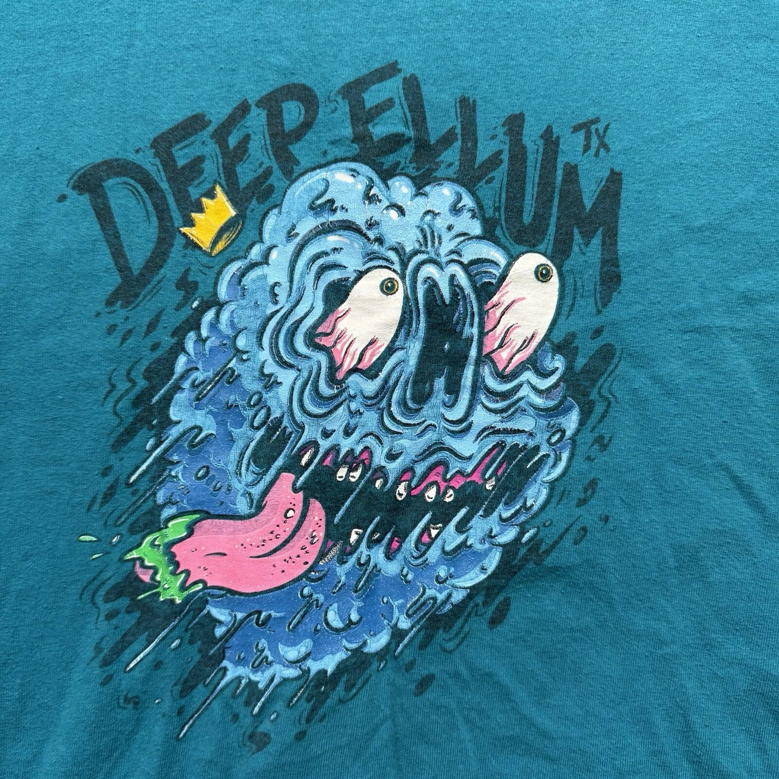 Deep Ellum TX Graphic T Shirt Blue Monster Art Tee Men’s Large Streetwear