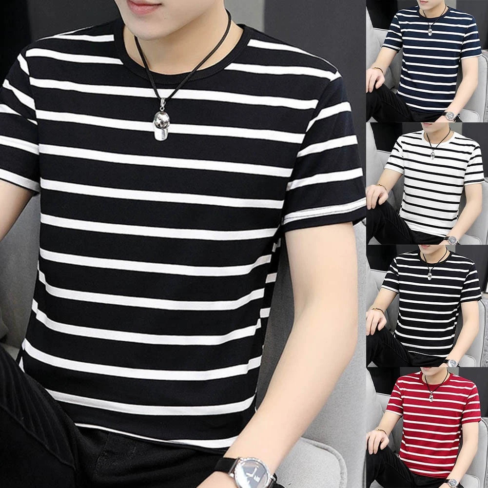 Men's Stripe T-Shirt Short Sleeve O Neck Slim Casual Pullover Undershirt