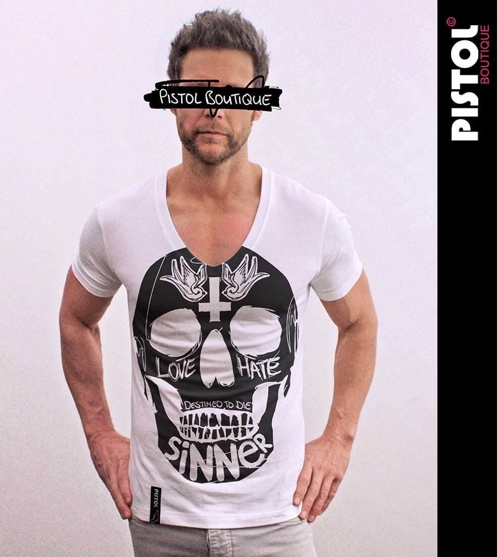Pistol Boutique Men's Fitted White Deep V Neck SINNER SKULL T-shirt