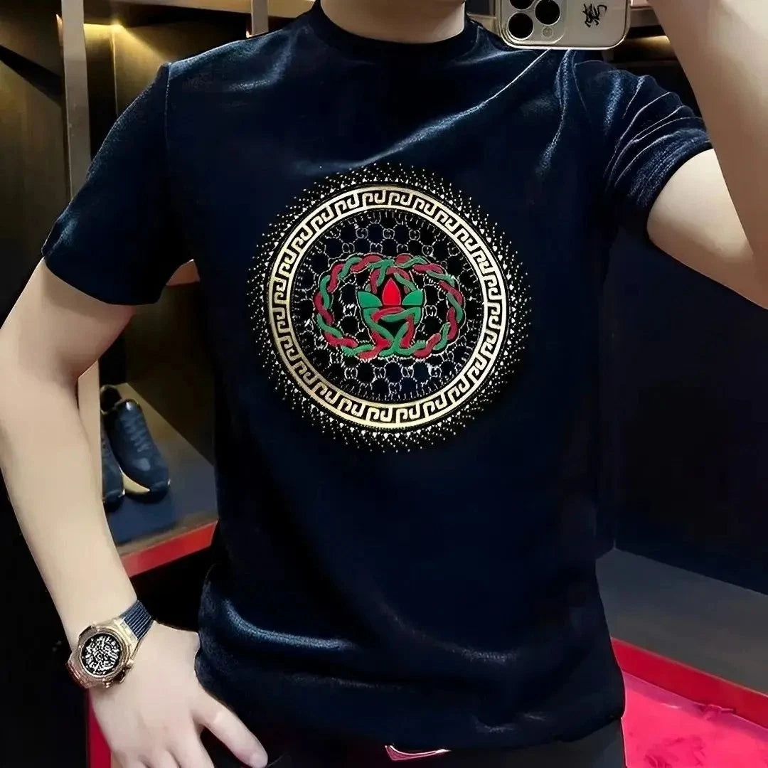 New Men Luxury Velvet Diamond Rhinestones Fashion Black T-Shirt High Quality