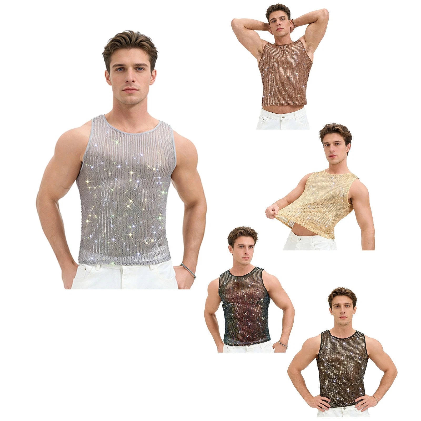 Men Sparkly Tank Tops Rhinestones Glitter Muscle Crop Top Slim Fit  Shirts Vest